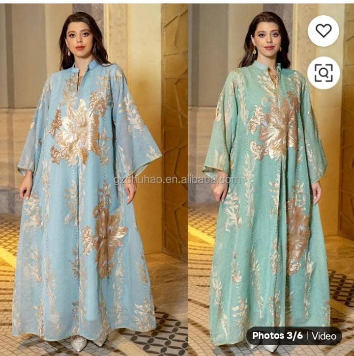 Caftan Brodé Bleu Ciel Fleurs Dorées